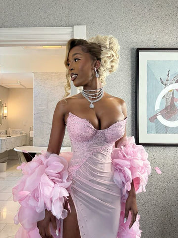 Stunning Sheath Strapless Beaded Satin Long Prom Dress Party Dress with Slit HZ1023